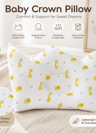 Baby Crown Shaped Infant Support Pillow with Yellow Giraffe & Elephant Print Soft Cushion White