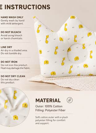 Baby Crown Shaped Infant Support Pillow with Yellow Giraffe & Elephant Print Soft Cushion White