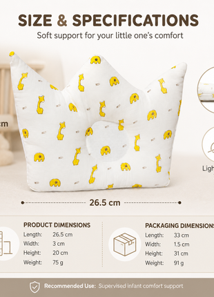 Baby Crown Shaped Infant Support Pillow with Yellow Giraffe & Elephant Print Soft Cushion White