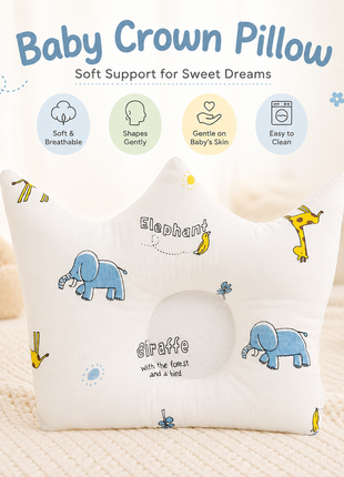 Baby Crown Shaped Infant Head Support Pillow with Elephant & Giraffe Print Soft Cushion White