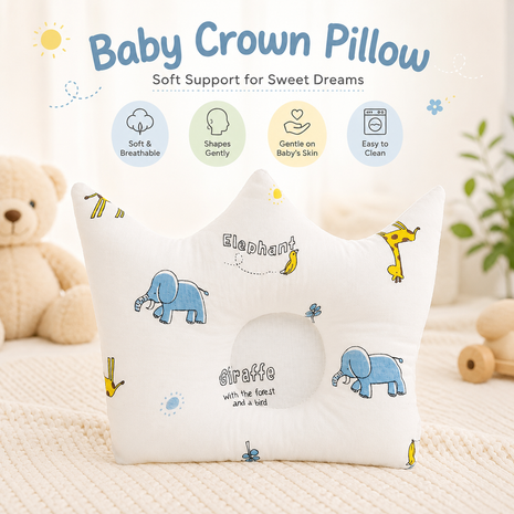 Baby Crown Shaped Infant Head Support Pillow with Elephant & Giraffe Print Soft Cushion White