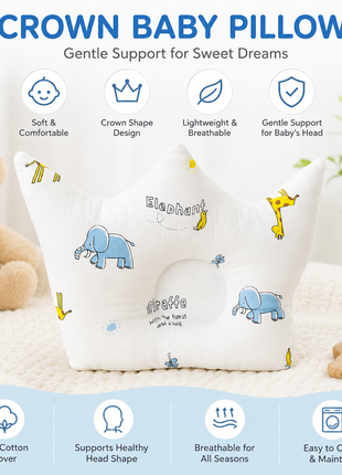 Baby Crown Shaped Infant Head Support Pillow with Elephant & Giraffe Print Soft Cushion White