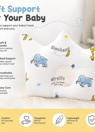 Baby Crown Shaped Infant Head Support Pillow with Elephant & Giraffe Print Soft Cushion White