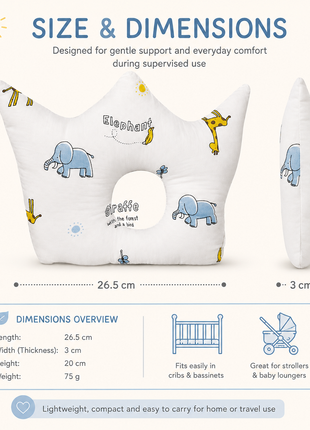 Baby Crown Shaped Infant Head Support Pillow with Elephant & Giraffe Print Soft Cushion White