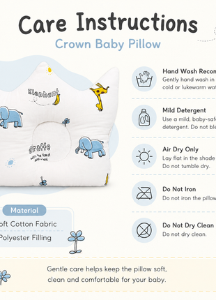 Baby Crown Shaped Infant Head Support Pillow with Elephant & Giraffe Print Soft Cushion White