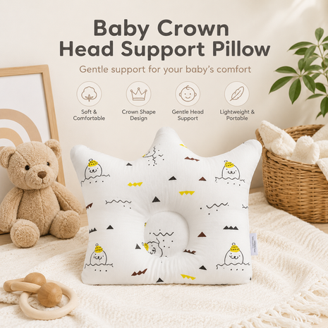 Baby Crown Shaped Infant Support Pillow with Sea Animal Print Soft Cushion White
