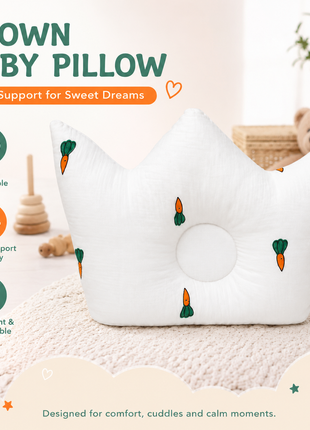 Baby Crown Shaped Infant Support Pillow with Carrots Print Soft Cushion White
