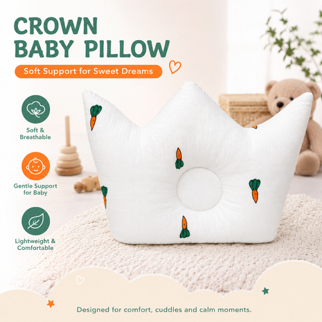 Baby Crown Shaped Infant Support Pillow with Carrots Print Soft Cushion White