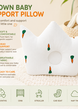 Baby Crown Shaped Infant Support Pillow with Carrots Print Soft Cushion White