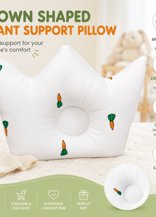 Baby Crown Shaped Infant Support Pillow with Carrots Print Soft Cushion White