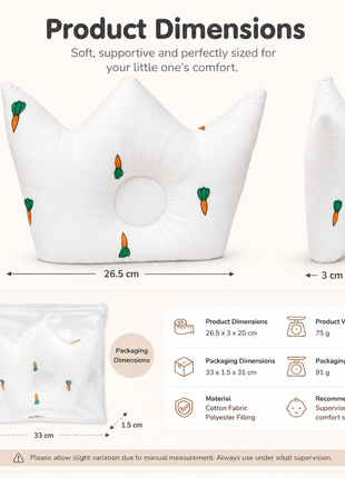 Baby Crown Shaped Infant Support Pillow with Carrots Print Soft Cushion White