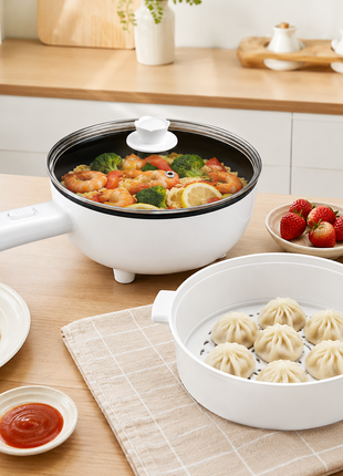 Electric Frying Pot with Glass Lid & Steamer Basket White ABS Plastic