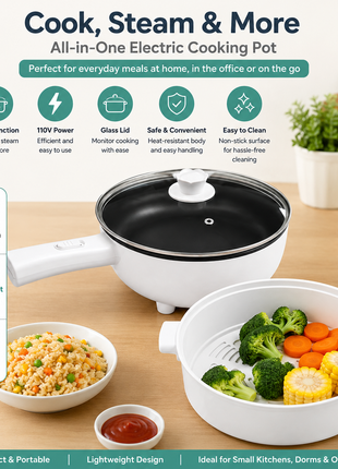 Electric Frying Pot with Glass Lid & Steamer Basket White ABS Plastic