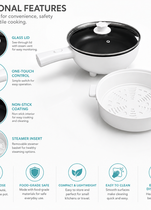 Electric Frying Pot with Glass Lid & Steamer Basket White ABS Plastic
