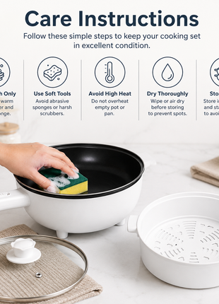 Electric Frying Pot with Glass Lid & Steamer Basket White ABS Plastic