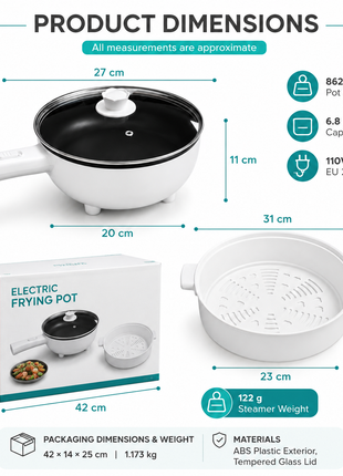 Electric Frying Pot with Glass Lid & Steamer Basket White ABS Plastic