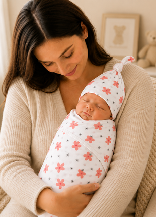 Luxury Cotton Baby Swaddle Wrap with Cap, Velcro Closure, Assorted Patterns