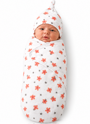 Luxury Cotton Baby Swaddle Wrap with Cap, Velcro Closure, Assorted Patterns