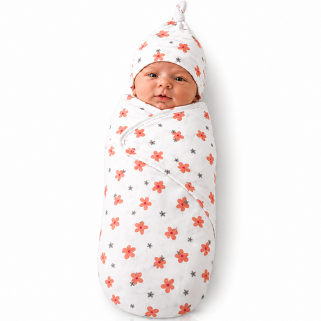 Luxury Cotton Baby Swaddle Wrap with Cap, Velcro Closure, Assorted Patterns