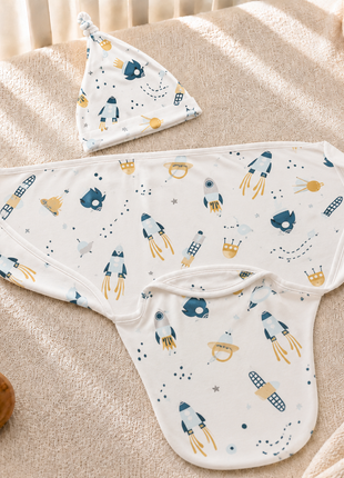 Luxury Cotton Baby Swaddle Wrap with Cap, Velcro Closure, Assorted Patterns