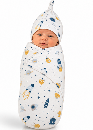 Luxury Cotton Baby Swaddle Wrap with Cap, Velcro Closure, Assorted Patterns