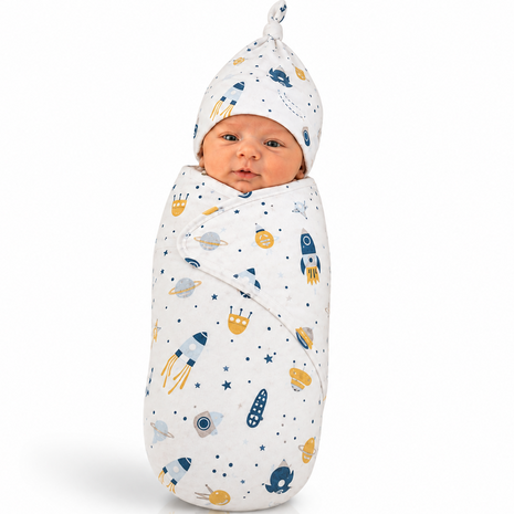 Luxury Cotton Baby Swaddle Wrap with Cap, Velcro Closure, Assorted Patterns