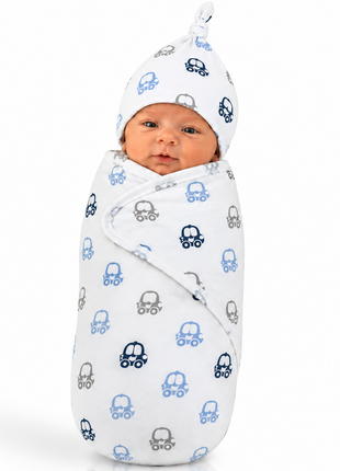 Luxury Cotton Baby Swaddle Wrap with Cap, Velcro Closure, Assorted Patterns