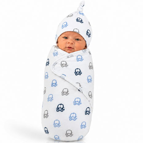 Luxury Cotton Baby Swaddle Wrap with Cap, Velcro Closure, Assorted Patterns