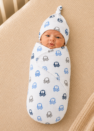 Luxury Cotton Baby Swaddle Wrap with Cap, Velcro Closure, Assorted Patterns