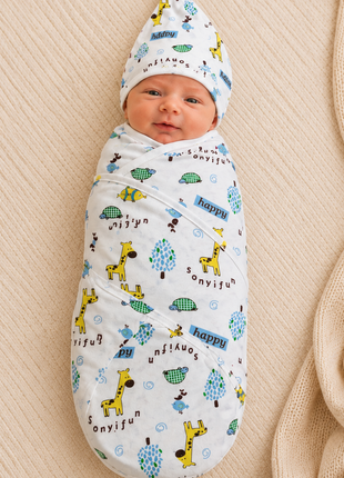 Luxury Cotton Baby Swaddle Wrap with Cap, Velcro Closure, Assorted Patterns