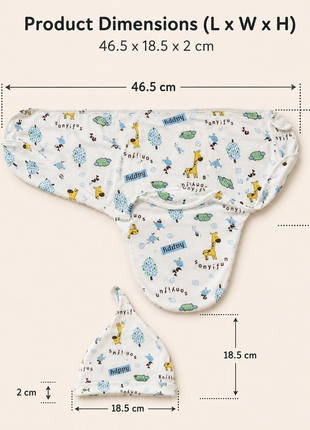 Luxury Cotton Baby Swaddle Wrap with Cap, Velcro Closure, Assorted Patterns