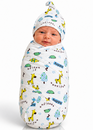Luxury Cotton Baby Swaddle Wrap with Cap, Velcro Closure, Assorted Patterns