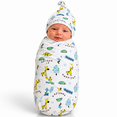 Luxury Cotton Baby Swaddle Wrap with Cap, Velcro Closure, Assorted Patterns