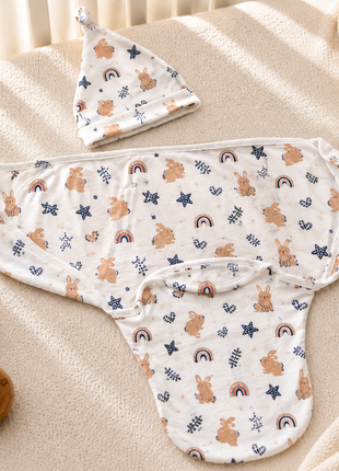 Luxury Cotton Baby Swaddle Wrap with Cap, Velcro Closure, Assorted Patterns