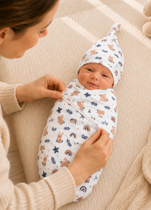 Luxury Cotton Baby Swaddle Wrap with Cap, Velcro Closure, Assorted Patterns