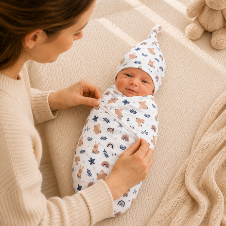 Luxury Cotton Baby Swaddle Wrap with Cap, Velcro Closure, Assorted Patterns