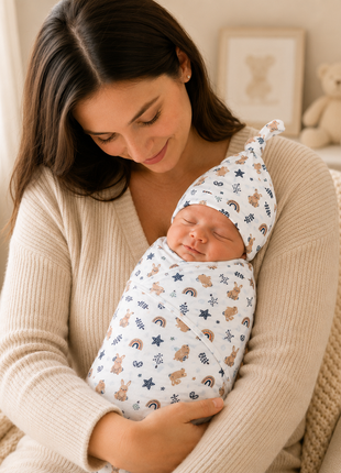 Luxury Cotton Baby Swaddle Wrap with Cap, Velcro Closure, Assorted Patterns