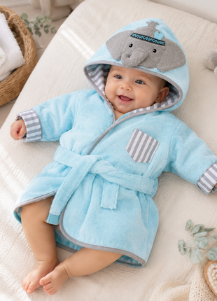 Baby Elephant Hooded Cotton Bathrobe with Belt & Mittens Aqua Gray 0–9 Months Soft Full Sleeve