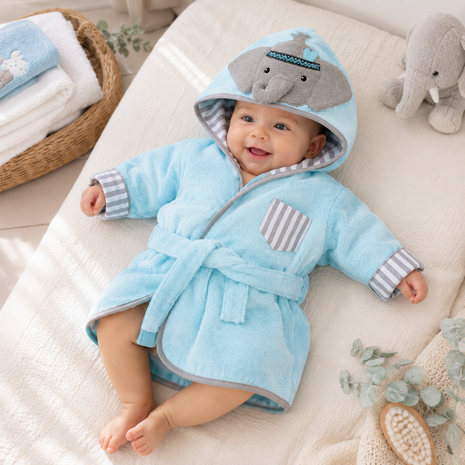 Baby Elephant Hooded Cotton Bathrobe with Belt & Mittens Aqua Gray 0–9 Months Soft Full Sleeve