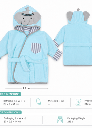 Baby Elephant Hooded Cotton Bathrobe with Belt & Mittens Aqua Gray 0–9 Months Soft Full Sleeve