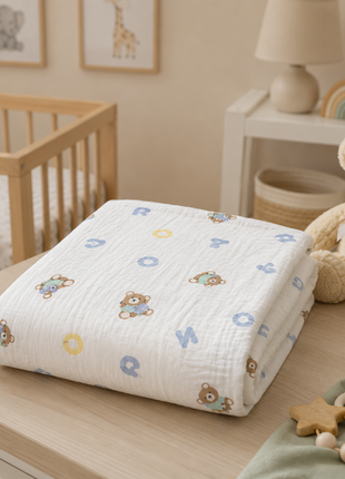 100% Cotton Muslin Baby Swaddle Blanket 110 x 110 cm Lightweight Breathable Soft Newborn Wrap Bear