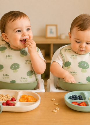PEVA Baby Feeding Bib 2 Pack with Detachable Soft Plastic Food Catching Trays, Waterproof Roll-Up Design, Press Stud Button Closure