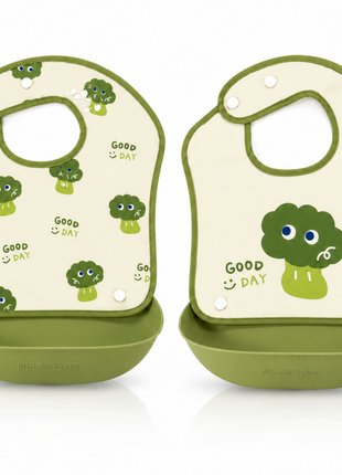 PEVA Baby Feeding Bib 2 Pack with Detachable Soft Plastic Food Catching Trays, Waterproof Roll-Up Design, Press Stud Button Closure