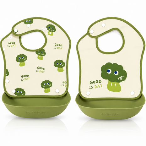 PEVA Baby Feeding Bib 2 Pack with Detachable Soft Plastic Food Catching Trays, Waterproof Roll-Up Design, Press Stud Button Closure