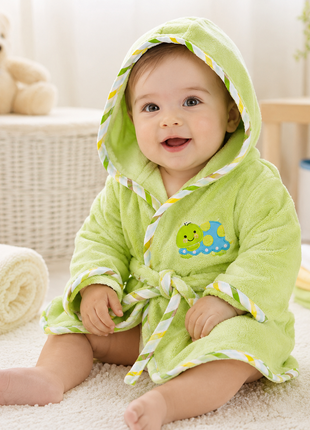 Baby Green Hooded Baby Bathrobe with Turtle Embroidery