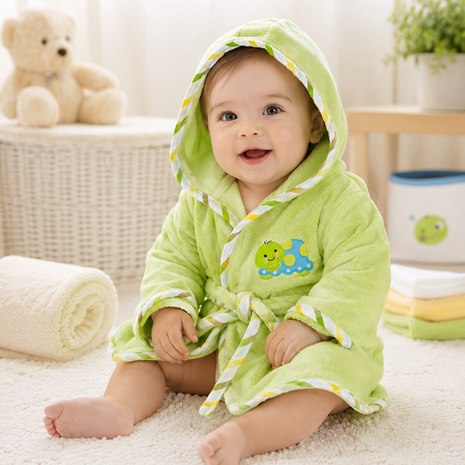 Baby Green Hooded Baby Bathrobe with Turtle Embroidery