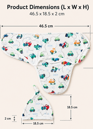 Luxury Cotton Baby Swaddle Wrap with Cap, Velcro Closure, Assorted Patterns