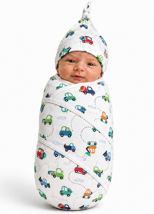 Luxury Cotton Baby Swaddle Wrap with Cap, Velcro Closure, Assorted Patterns