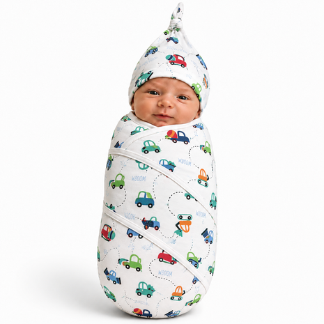 Luxury Cotton Baby Swaddle Wrap with Cap, Velcro Closure, Assorted Patterns