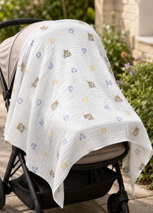 100% Cotton Muslin Baby Swaddle Blanket 110 x 110 cm Lightweight Breathable Soft Newborn Wrap Bear